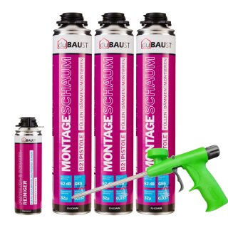 3x MSP24 Montageschaum 750ml + Schaumpistole Standard grün mit Reiniger PRS24 500ml