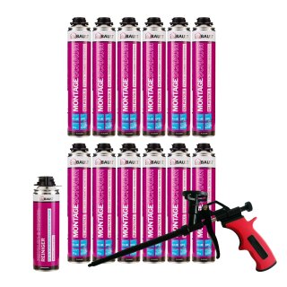 12x MSP24 Montageschaum 750ml + Schaumpistole Business Rot-Schwarz mit Reiniger PRS24 500ml