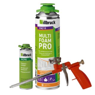 1x illbruck FM210 Fenster- und Fassadenschaum 750ml + Schaumpistole Compact rot/orange + Reiniger