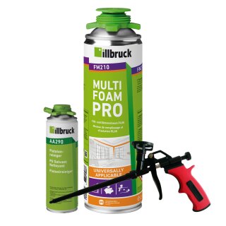 1x illbruck FM210 Fenster- und Fassadenschaum 750ml + Schaumpistole Business Rot/Schwarz + Reiniger