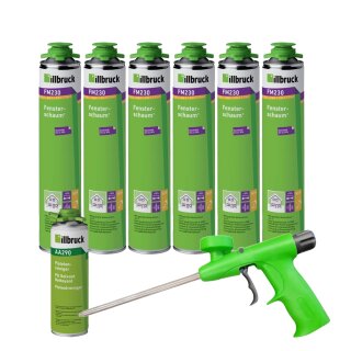 6x illbruck FM230 Fenster und Fassadenschaum 750ml + Schaumpistole Standard Grün + Reiniger