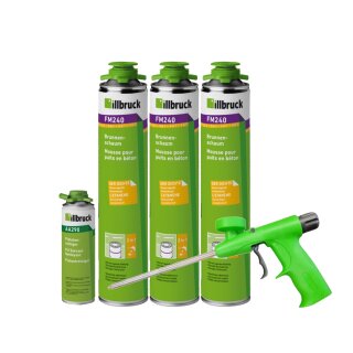 3x illbruck FM240 Brunnenschaum 750ml + Schaumpistole Standard Grün + Reiniger