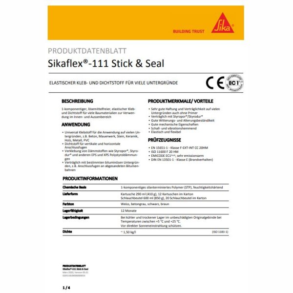 Sikaflex 111 Stick & Seal elastischer Kleb- und Dichtstoff 290ml Kartusch, schwarz
