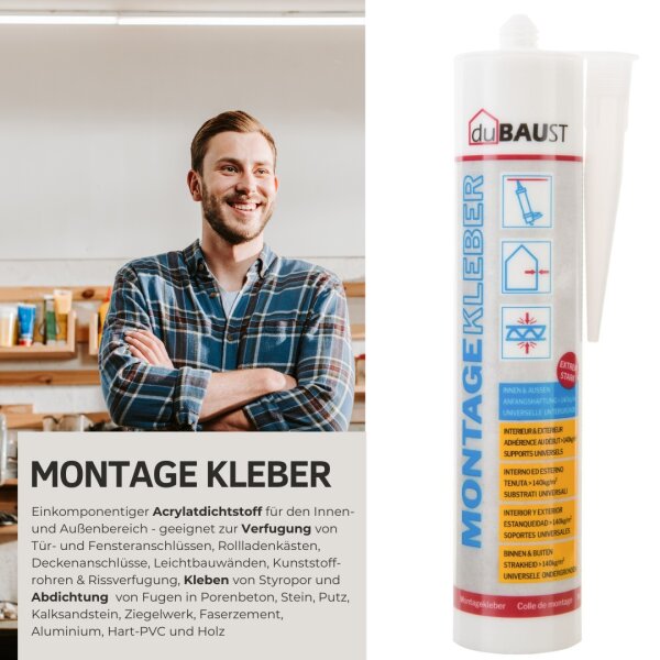 duBAUST Montagekleber EXTREM STARK  mit sehr hoher Anfangshaftung INNEN und AUSSEN 290ml /414g Kartusche, weiß