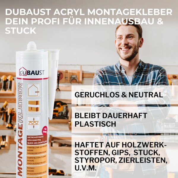 duBAUST AMK24 Montagekleber Acryl INNEN - klebt Holz, Styropor, Gipsplatten, Stuck 504g/310 ml Kartusche
