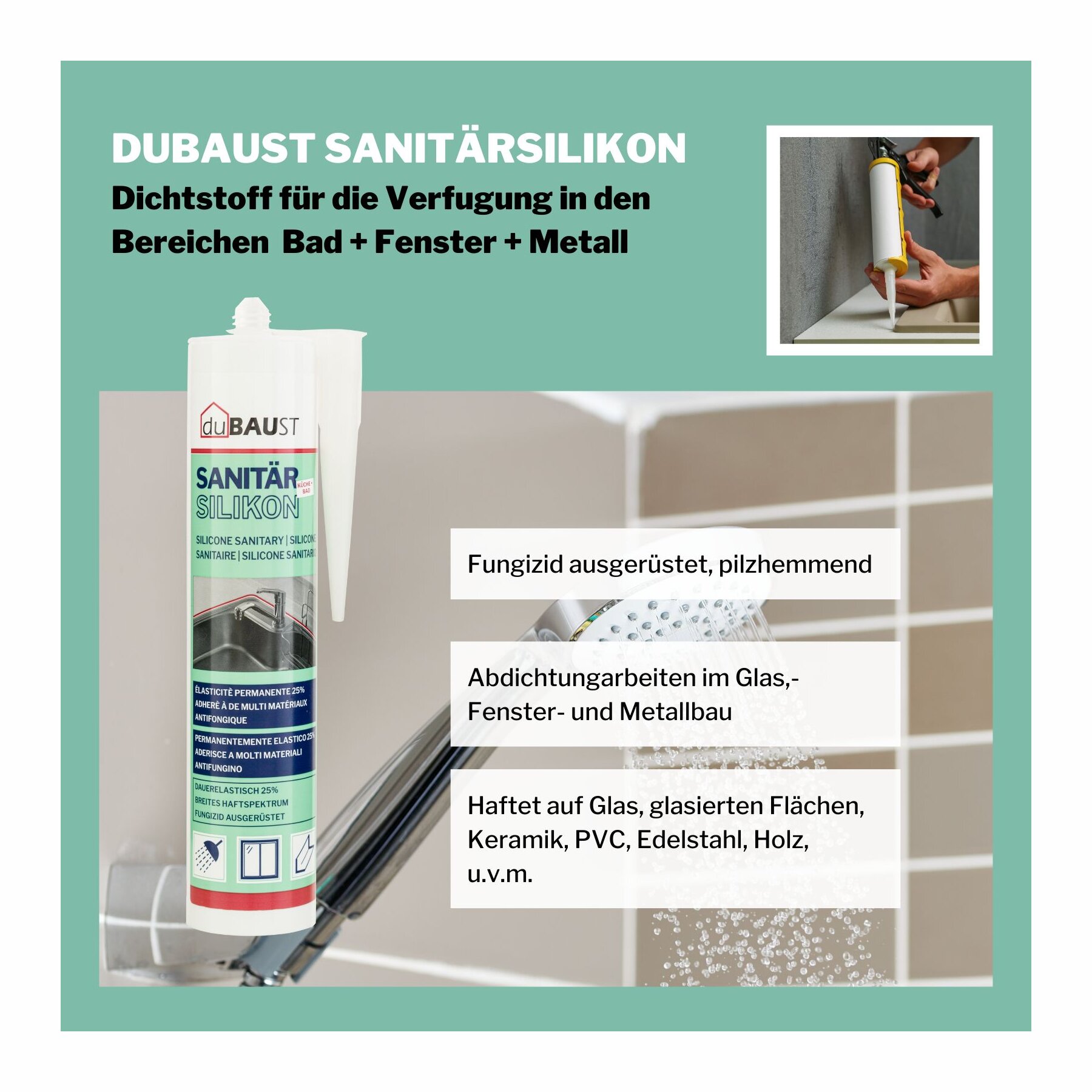 duBaust SAS24 Sanitärsilikon elastisch dauernassbeständig schimmelresistent Bad Küche Dusche Feuchträume 310ml Kartusche