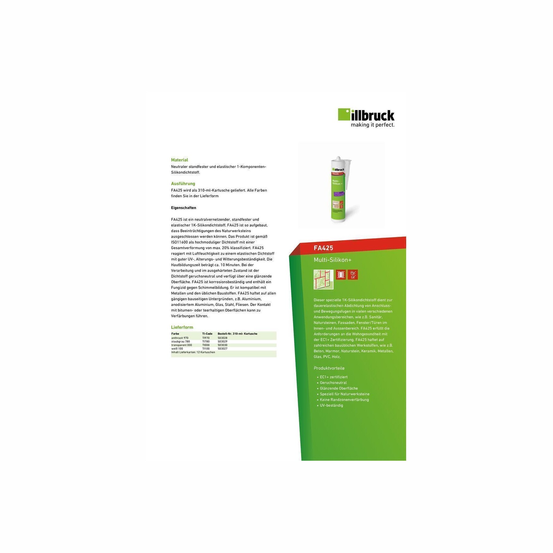 RESTPOSTEN Illbruck FA425 Multi-Silikon+ 310ml versch. Farben