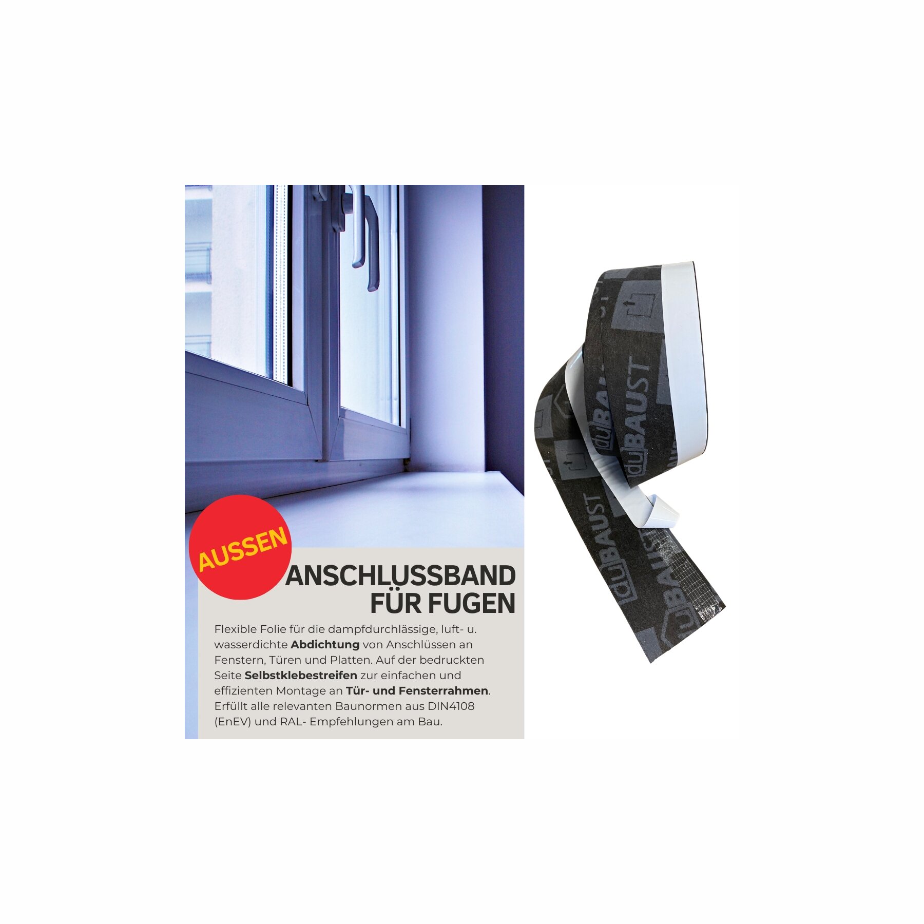 duBAUST Fensterdichtband  für Außenbereich - Fensterfolie, Anschlussband  für Fenster & Türen - 70mm x 30m Rolle