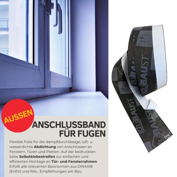 duBAUST Fensterdichtband  für Außenbereich - Fensterfolie, Anschlussband  für Fenster & Türen - 70mm x 30m Rolle