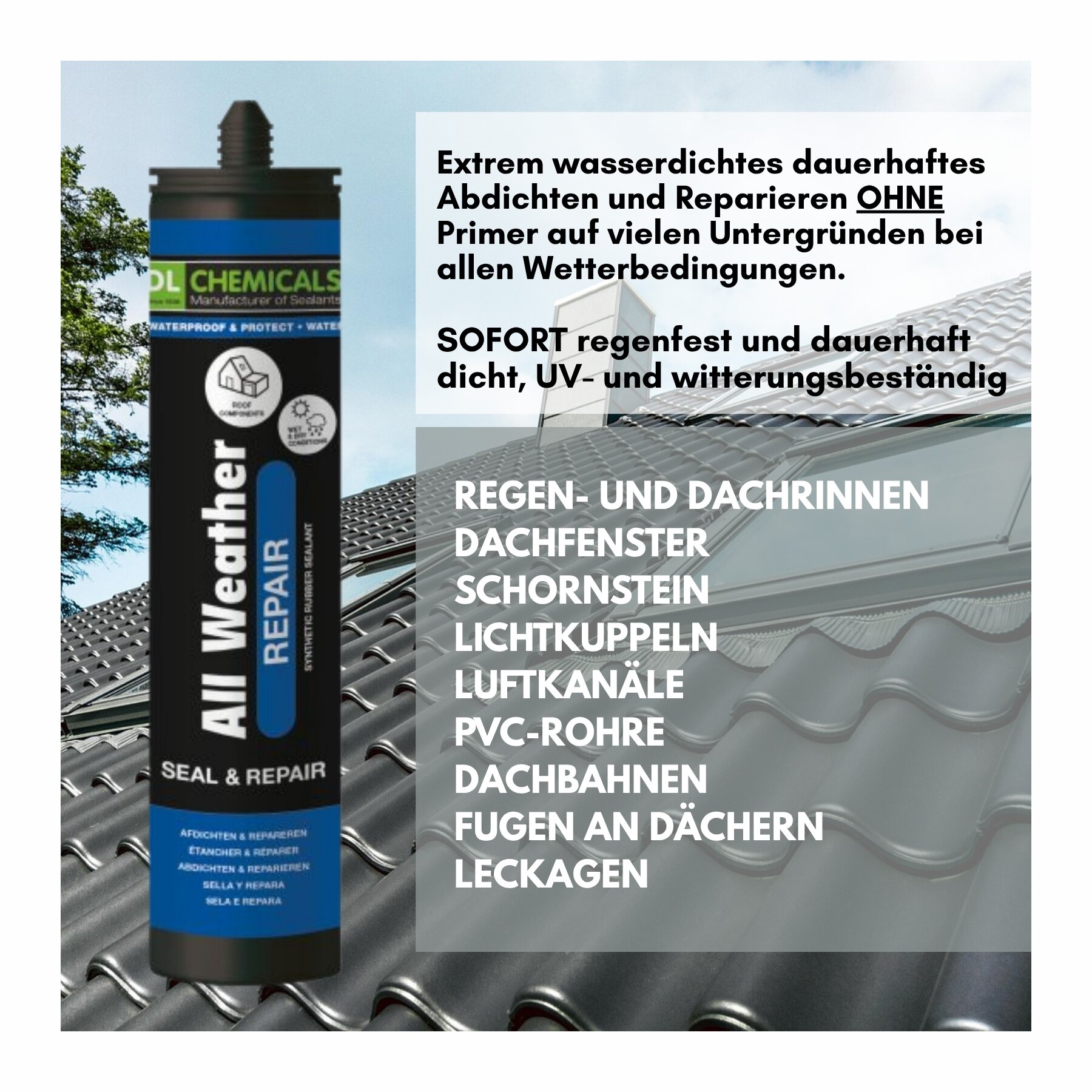 Allwetter Repair Dachdicht, Butyldichtstoff, extrem wasserfest & haftstark 290 ml Kartusche, grau