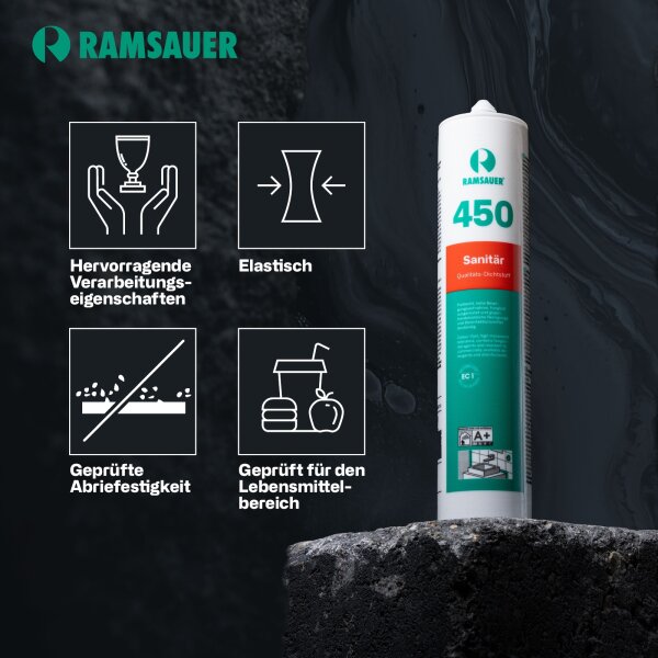 Ramsauer 450 Sanitärsilikon – schimmelresistenter, schnelltrocknender Dichtstoff für Nassräume 310 ml Kartusche versch. Farben