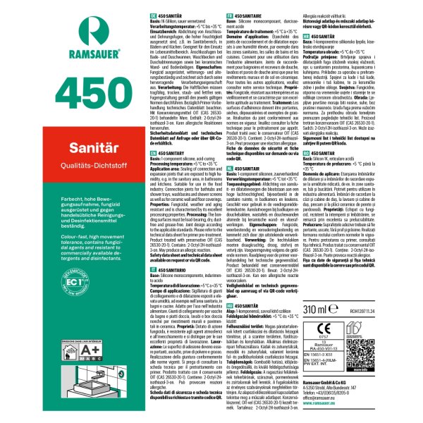 Ramsauer 450 Sanitärsilikon – schimmelresistenter, schnelltrocknender Dichtstoff für Nassräume 310 ml Kartusche versch. Farben