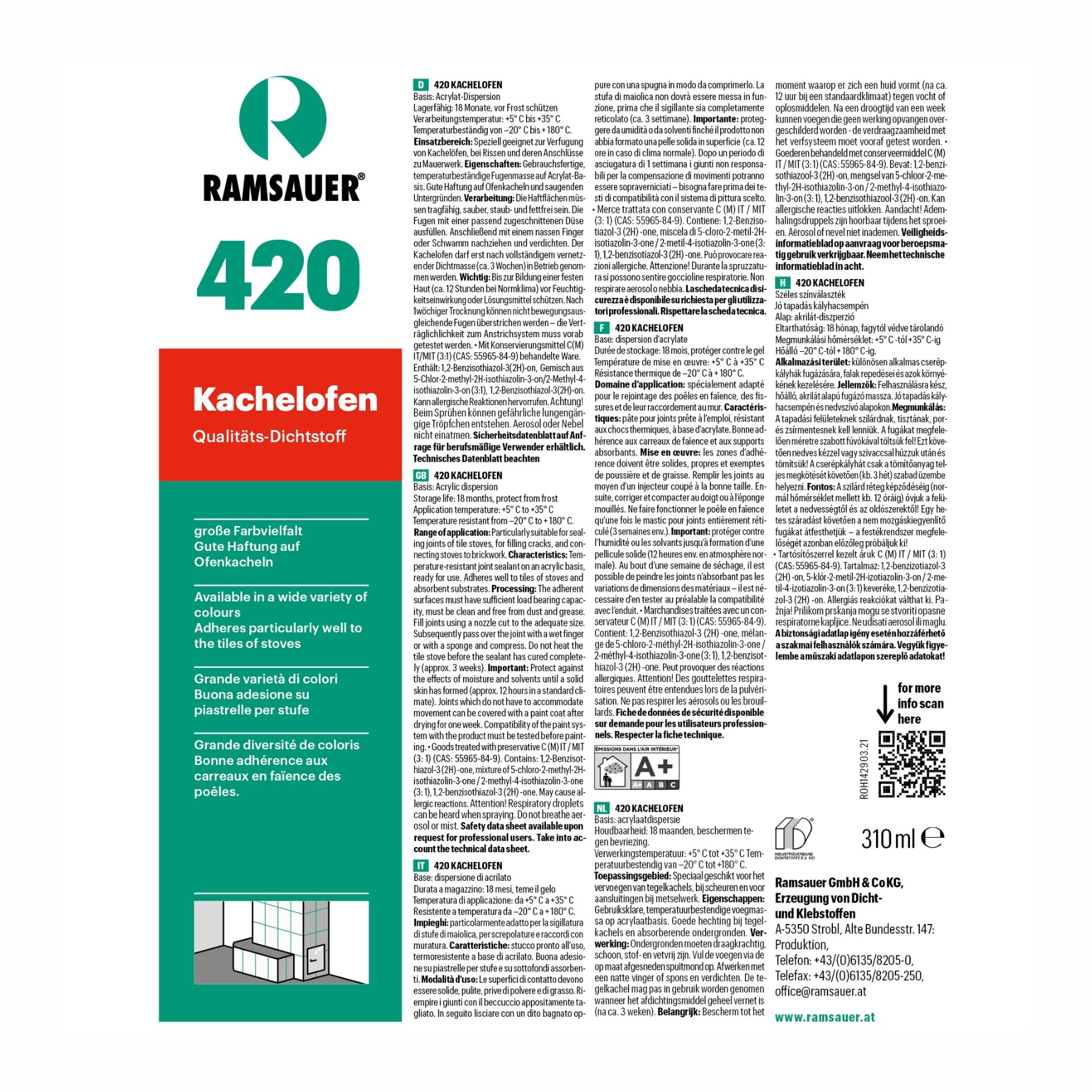 Ramsauer 420 hitzebeständiger Kachelofen Acryldichtstoff 310 ml Kartusche