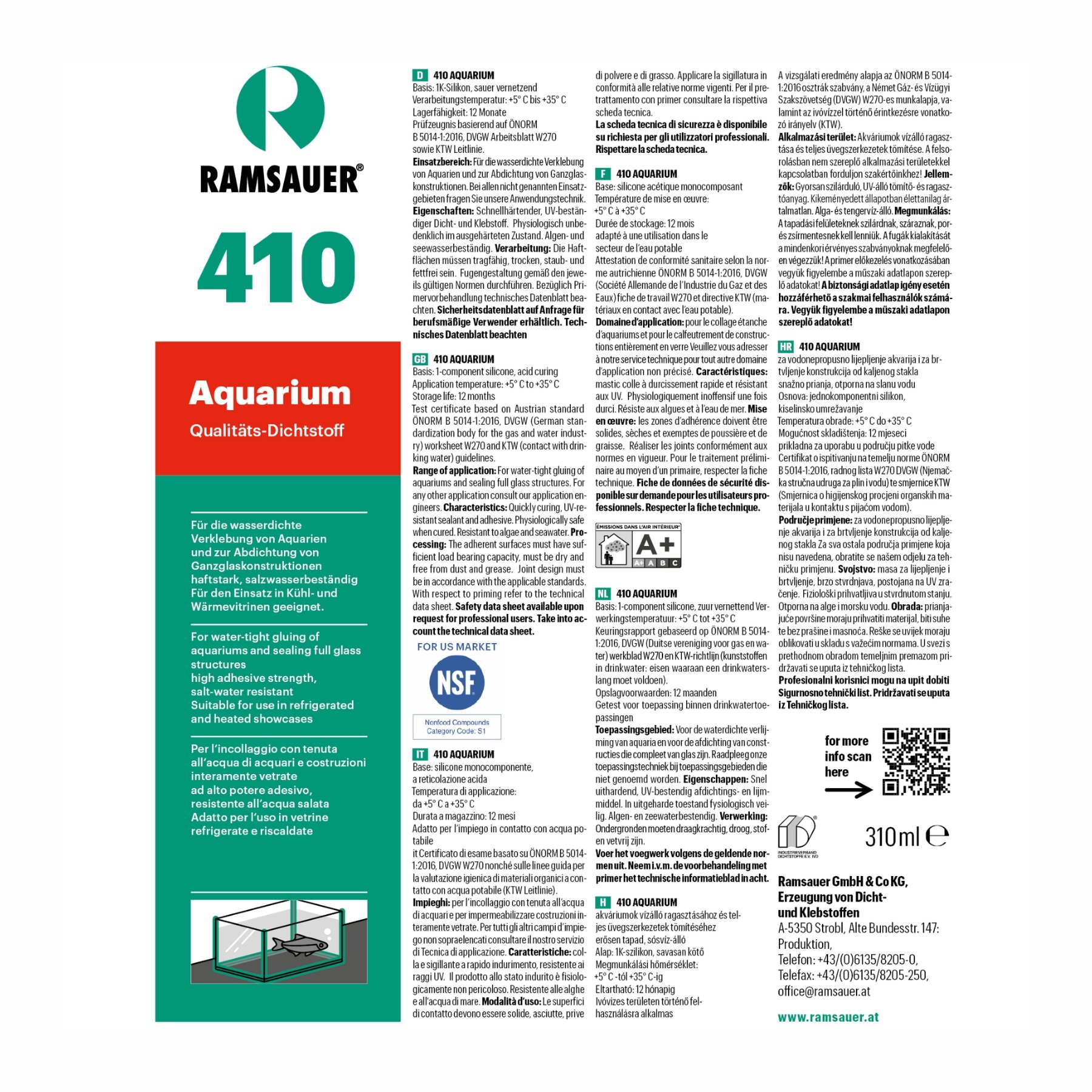 Ramsauer 410 Aquariumsilikon 310 ml Kartusche versch. Farben