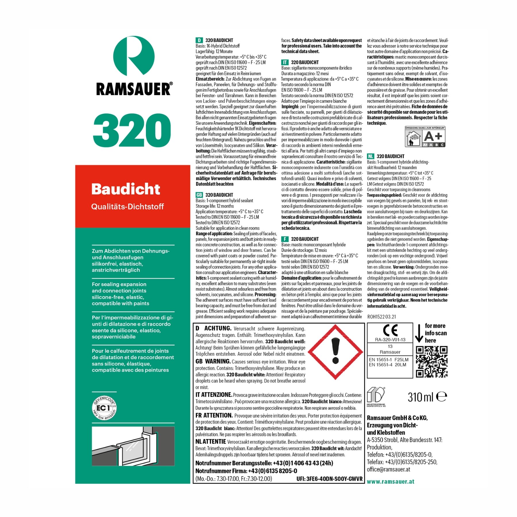 Ramsauer 320 Baudicht 20 x 310 ml Kartusche versch. Farben