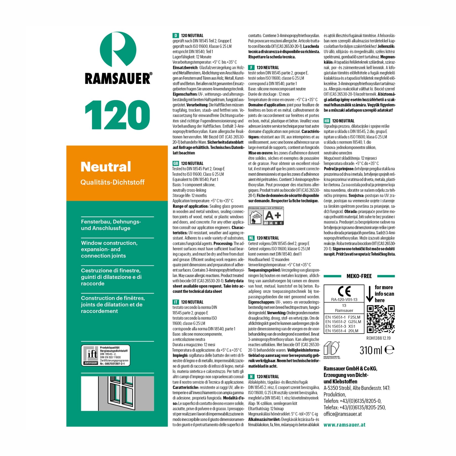 Ramsauer 120 Neutraler 1K Silikon Dichstoff 20 x 310 ml Kartusche versch. Farben