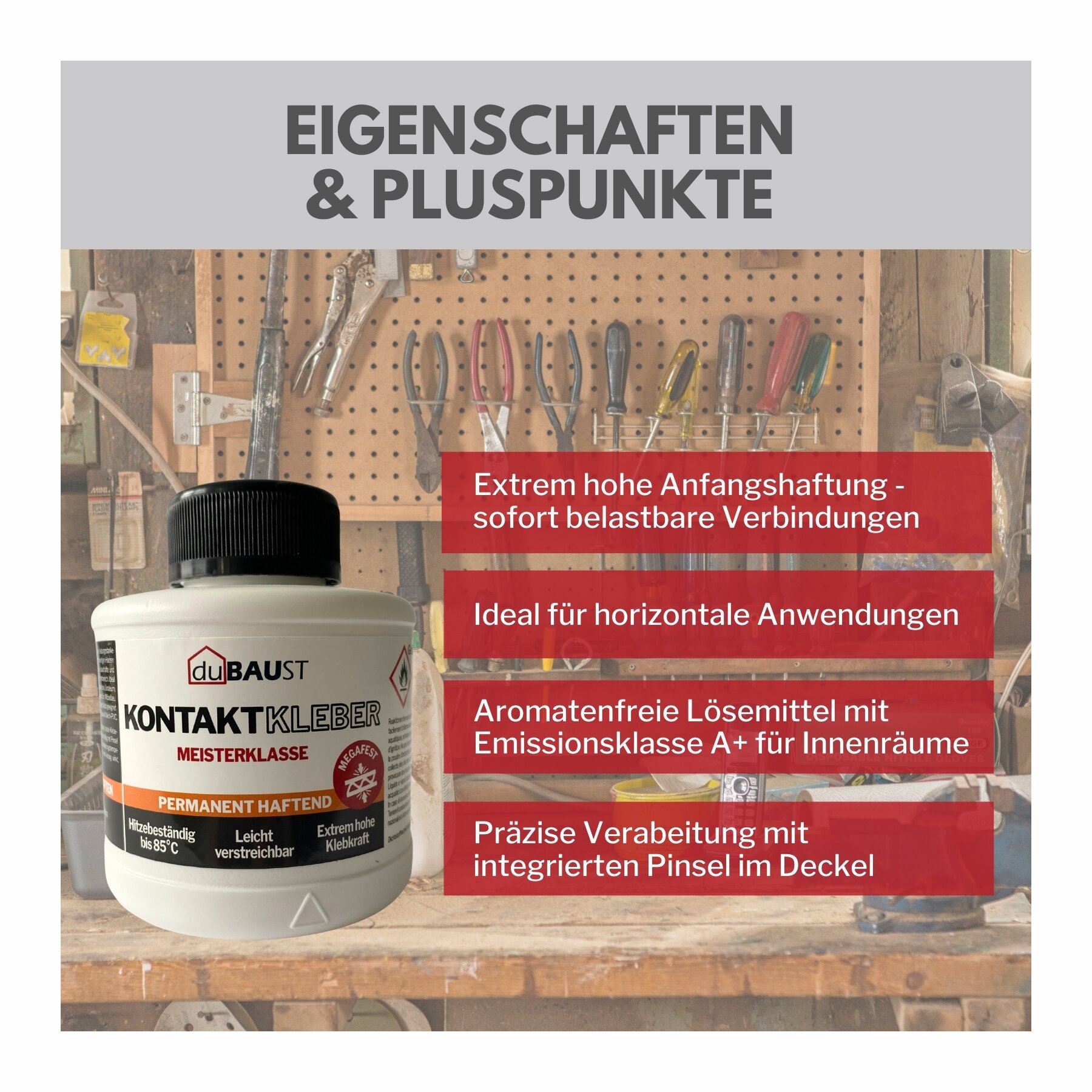 dubaust CLU24 Kraftkleber Kontaktkleber flüssig  für sofortige, präzise Verbindungen innen 250 ml Dose mit Pinsel am Deckel