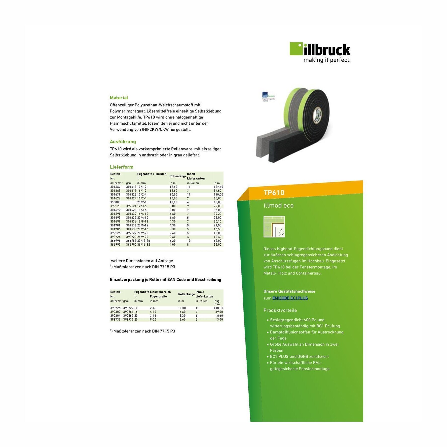illbruck TP610 Kompriband Fugendichtband eco 20/6-10 3,6m/Rolle anthrazit