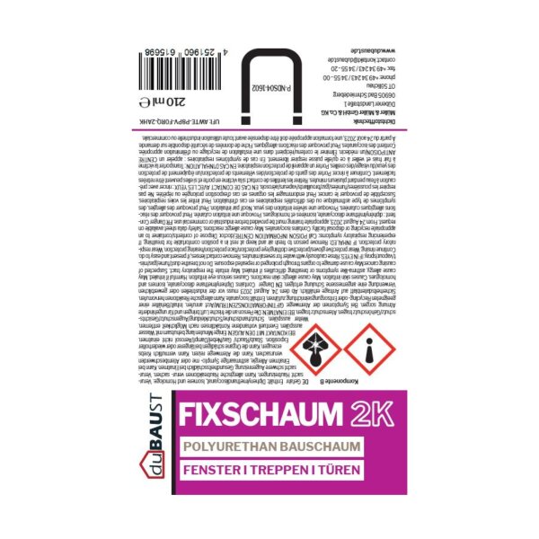 duBAUST ZAK24 FIX Schaum 2K PU-Montageschaum 210ml – ideal für Türzargen, Treppenstufen & Hohlräume | ift-geprüft