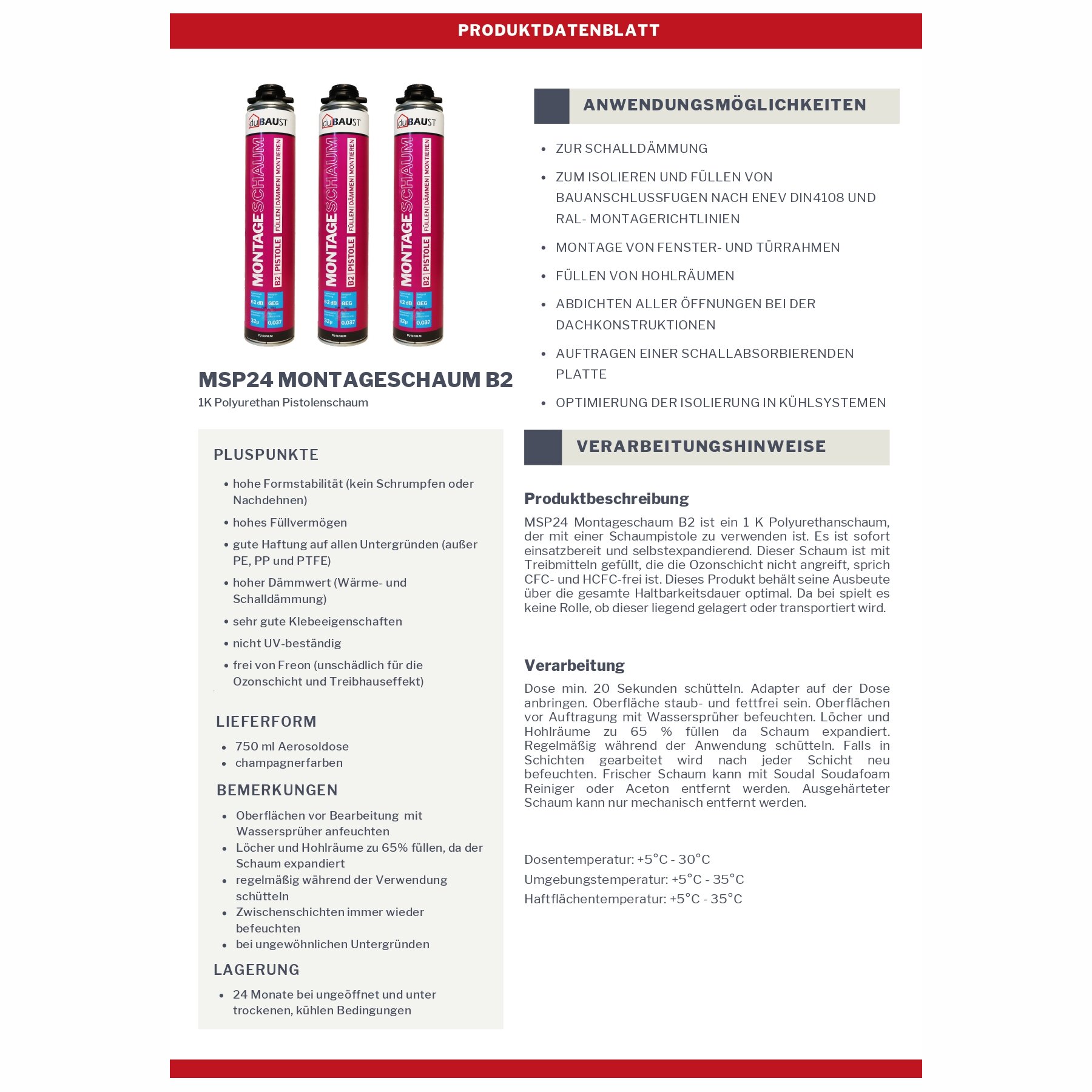 1x duBAUST MSP24 Montageschaum B2 Pistolenschaum PU 750ml, champagner, mit Adapterröhrchen
