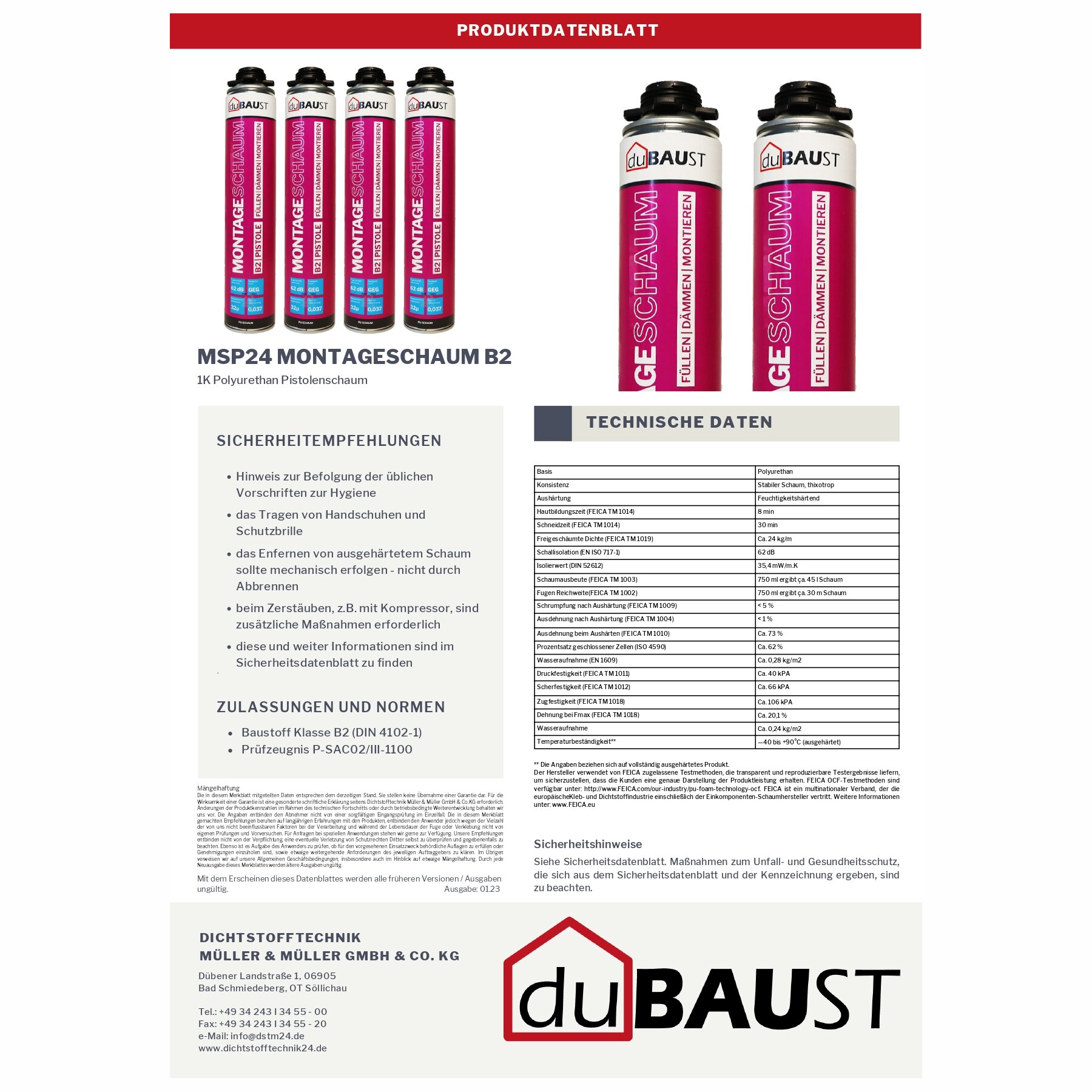 1x duBAUST MSP24 Montageschaum B2 Pistolenschaum PU 750ml, champagner, mit Adapterröhrchen
