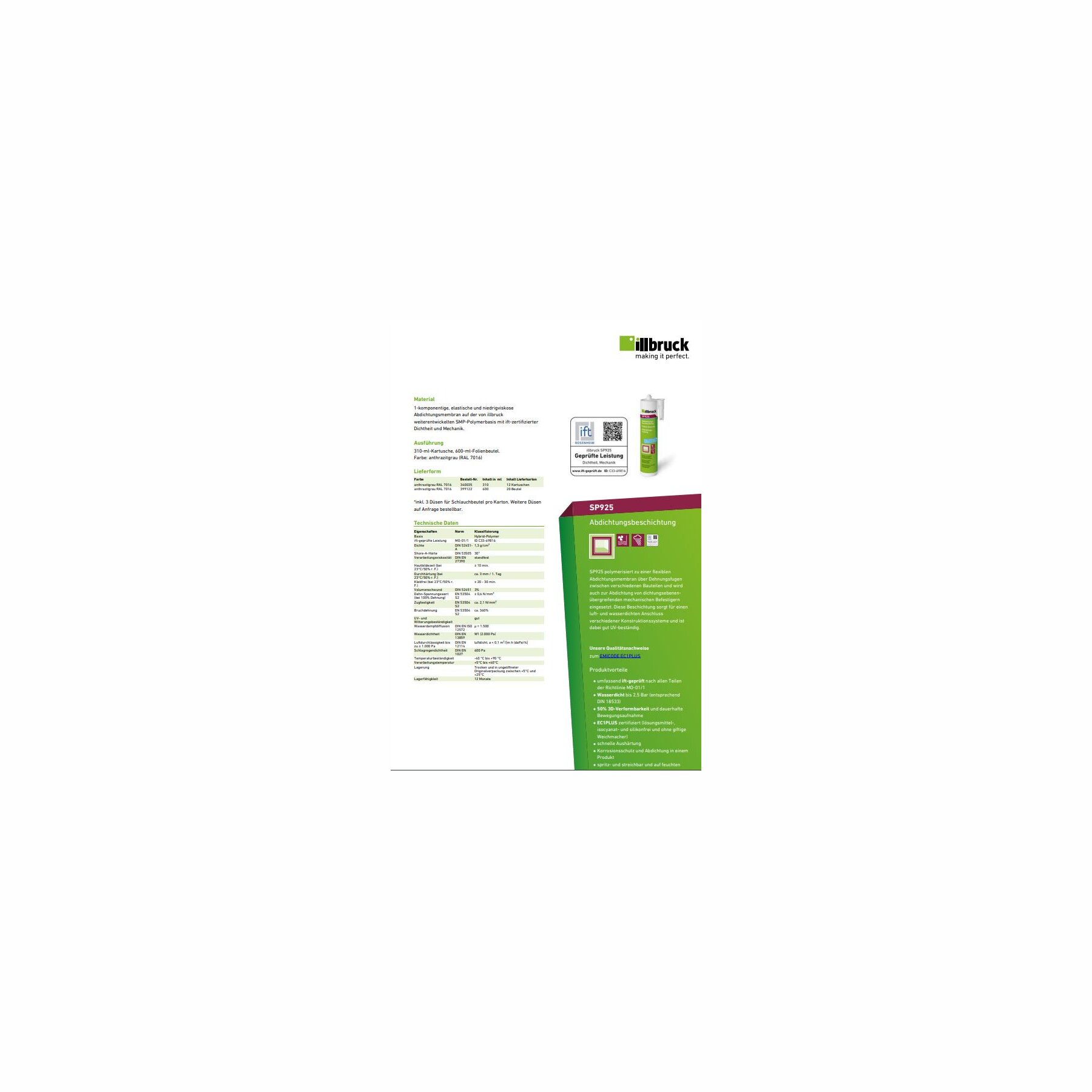 illbruck SP925 luft- und wasserdichte Abdichtungsbeschichtung 310 ml Kartusche, anthrazitgrau