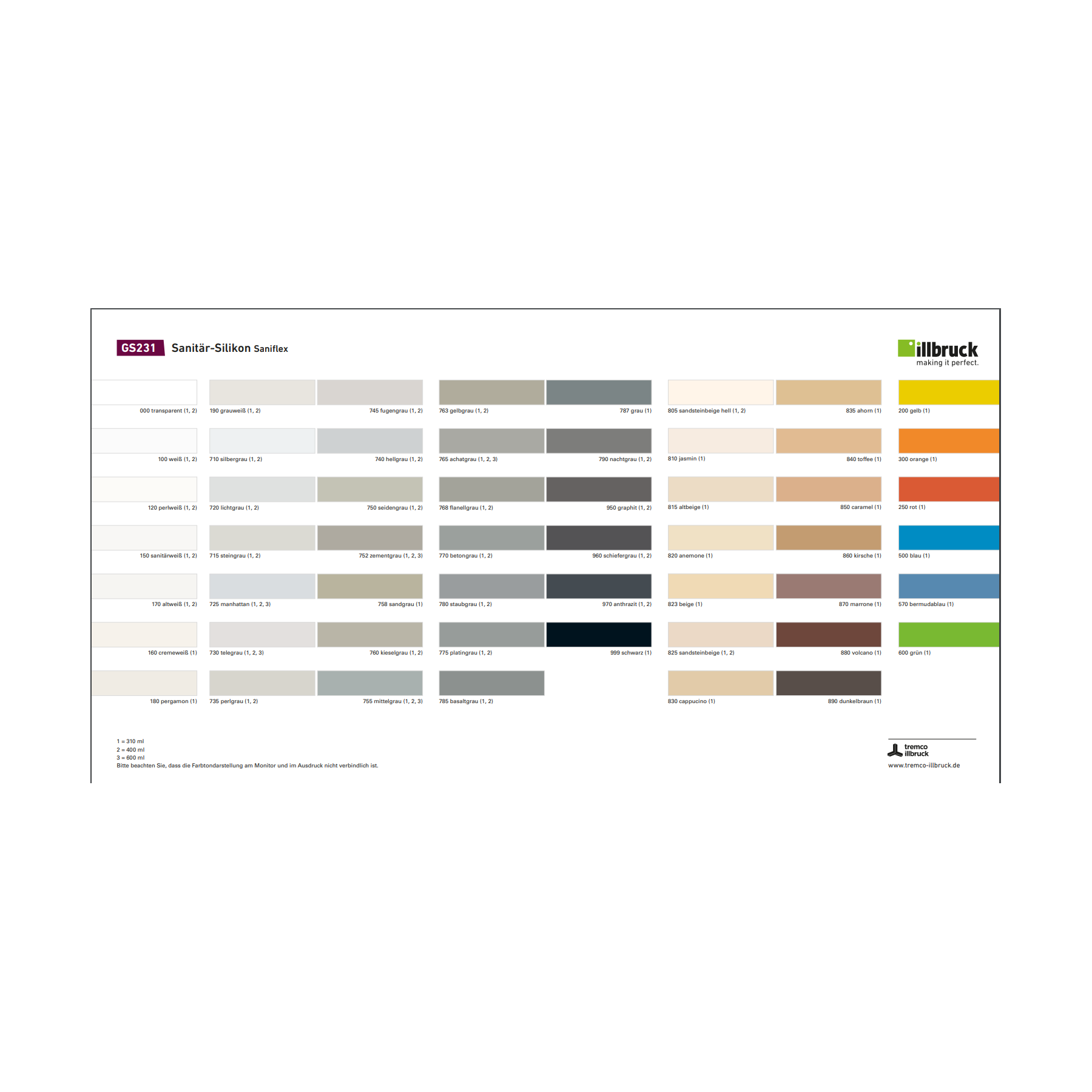Illbruck GS231 Sanitärsilikon 310ml Kartusche versch. Farben
